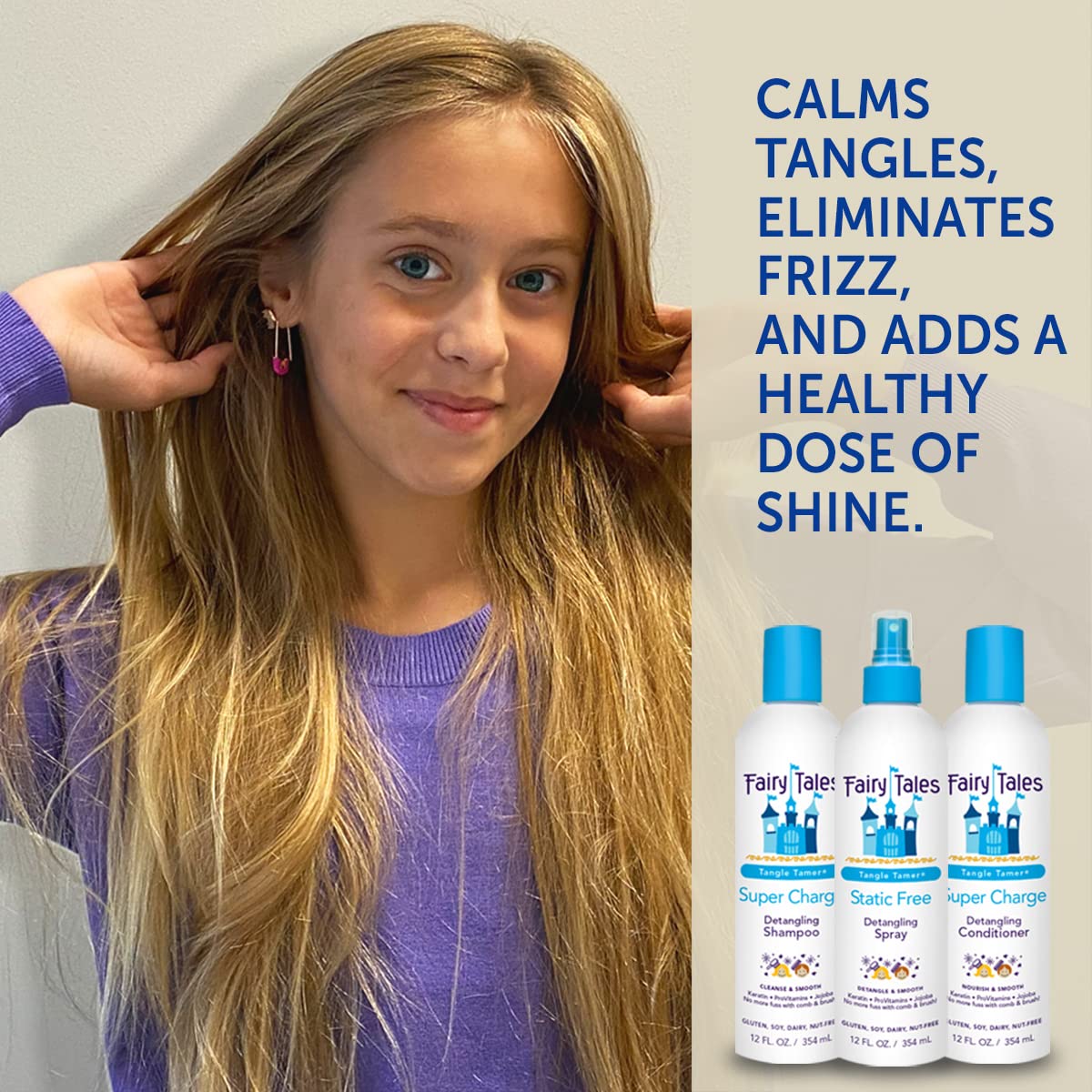 Fairy Tales Tangle Tamer Super Charge Detangling Shampoo, Conditoner, and Spray for Kids - Travel Set - Paraben Free, Sulfate Free, Gluten Free, Nut Free - 3.3 oz (Pack of 3)