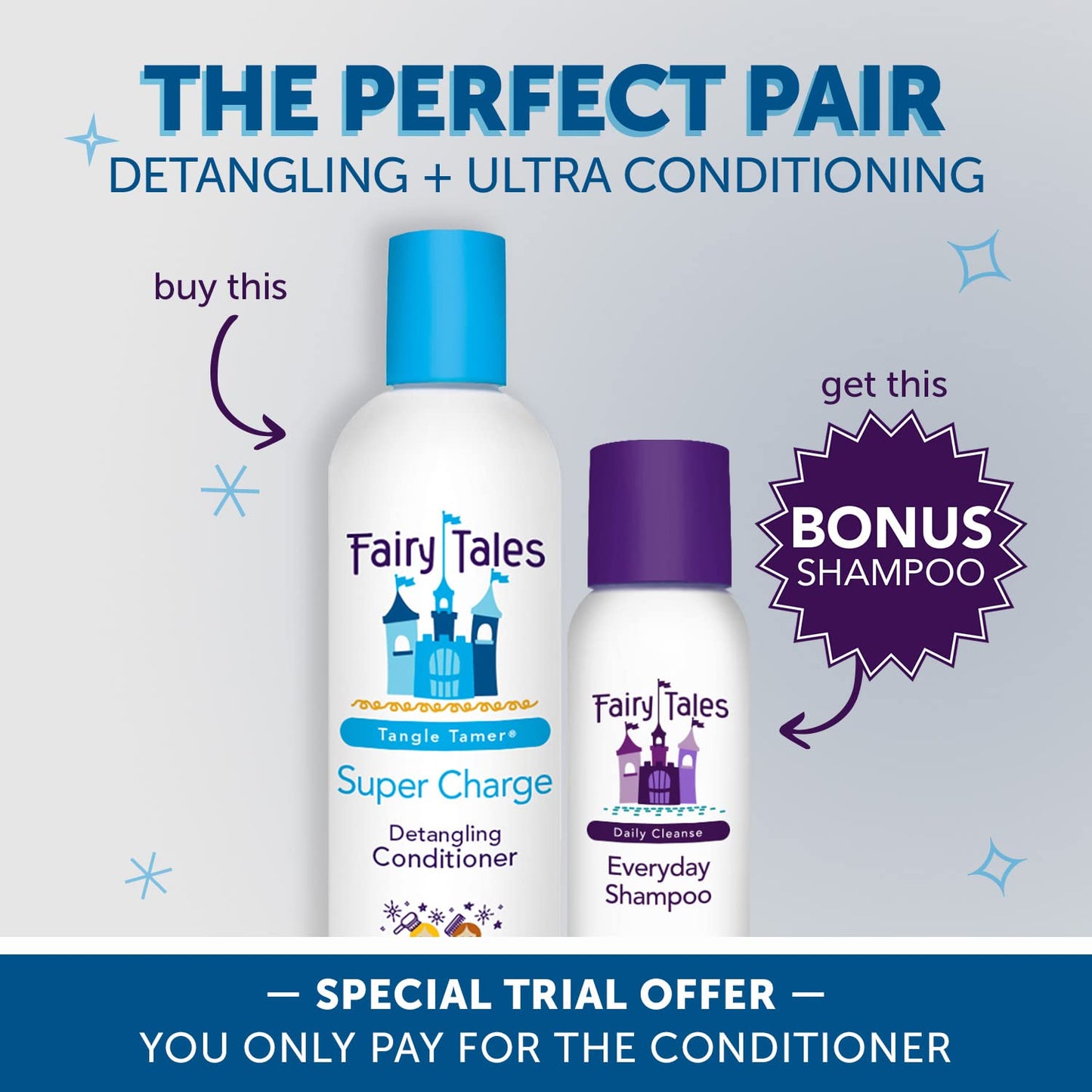 Fairy Tales Tangle Tamer Detangling Conditioner 12 Oz for Kids plus Daily Cleanse Shampoo 3.3 Oz - Ultra Moisturizing and Anti Frizz Protection - Paraben Free, Sulfate Free