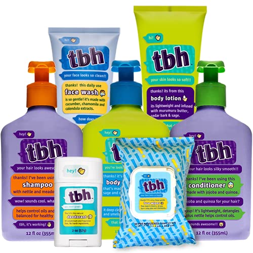 TBH Kids Teen Hygiene Starter Kit- Shampoo, Conditioner, Body Wash, Face Wipes, Lotion, and Deodorant - 7 in 1 Kit for all Your Tweens Needs