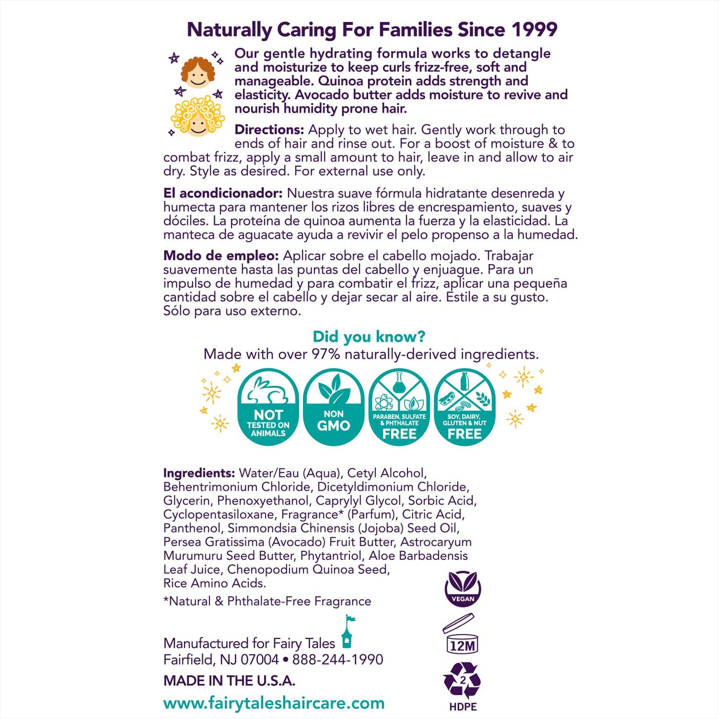 Fairy Tales Curly-Q Hydrating Conditioner - Conditioner for Curly Hair - Paraben Free, Sulfate Free, Gluten Free, Nut Free- 8oz